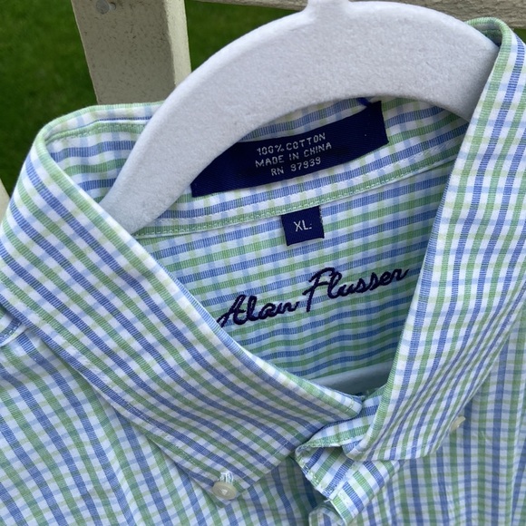 Men’s Alan Flusser small plaid green and blue button down, Size XL, Lightweight - Picture 3 of 17